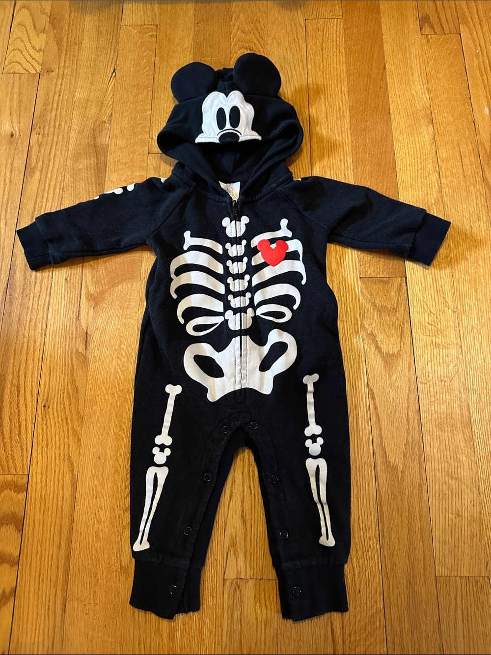 Disney Mickey Skeleton Black & White 6-9 month one-piece with hoodie